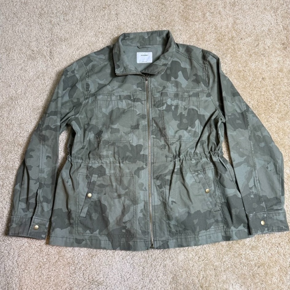 Old Navy Utility Jacket Womens L Green Camo Full Zip Cinch Waist Military